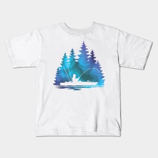 Kayak Fisherman with Blue Abstract Pattern Kids T-Shirt